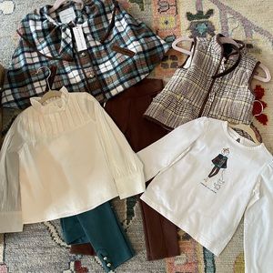 Janie and Jack, Set, size 4, green pants, white frilly top, and plaid vest.